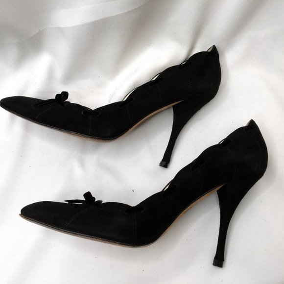 YSL Yves Saint Laurent Suede Leather Heels Size 39.5 Scallop Edge Pumps Womens - Picture 8 of 12